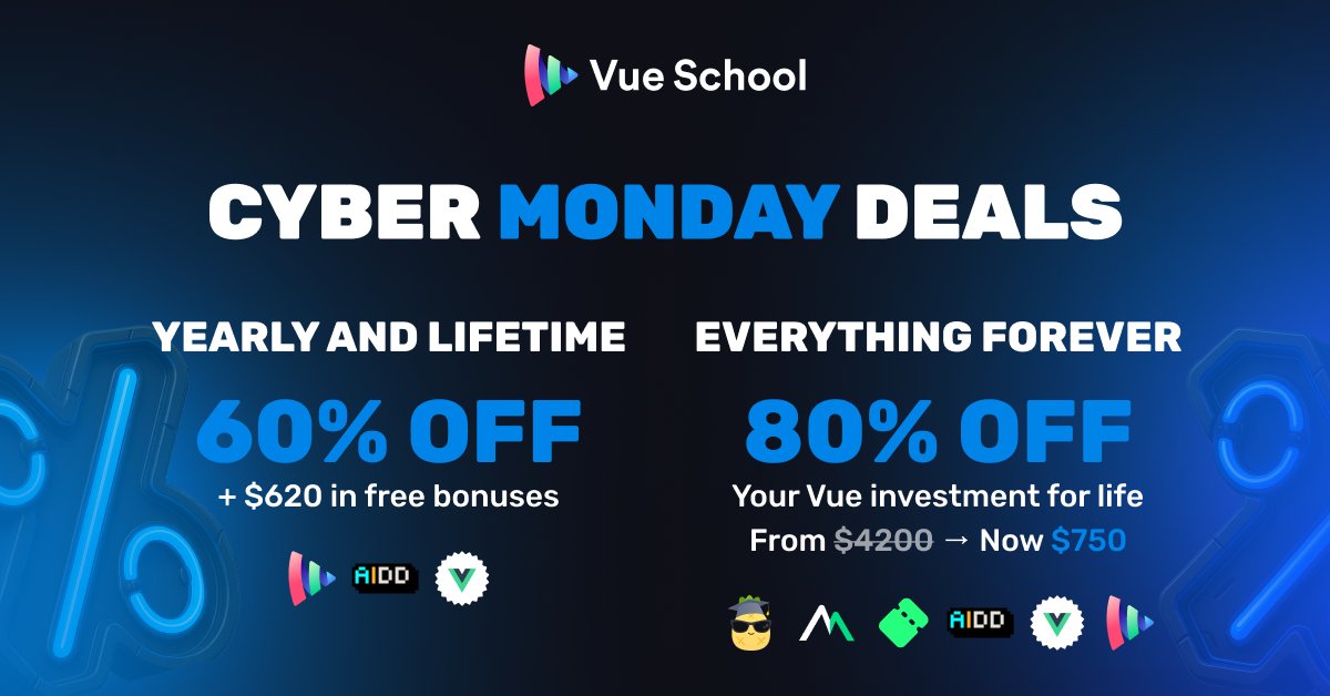 VueSchool_io's tweet card. Get in on the biggest price drop ever at Vue School! Access over 1,500 premium video lessons on a yearly plan + grab free BONUSES.