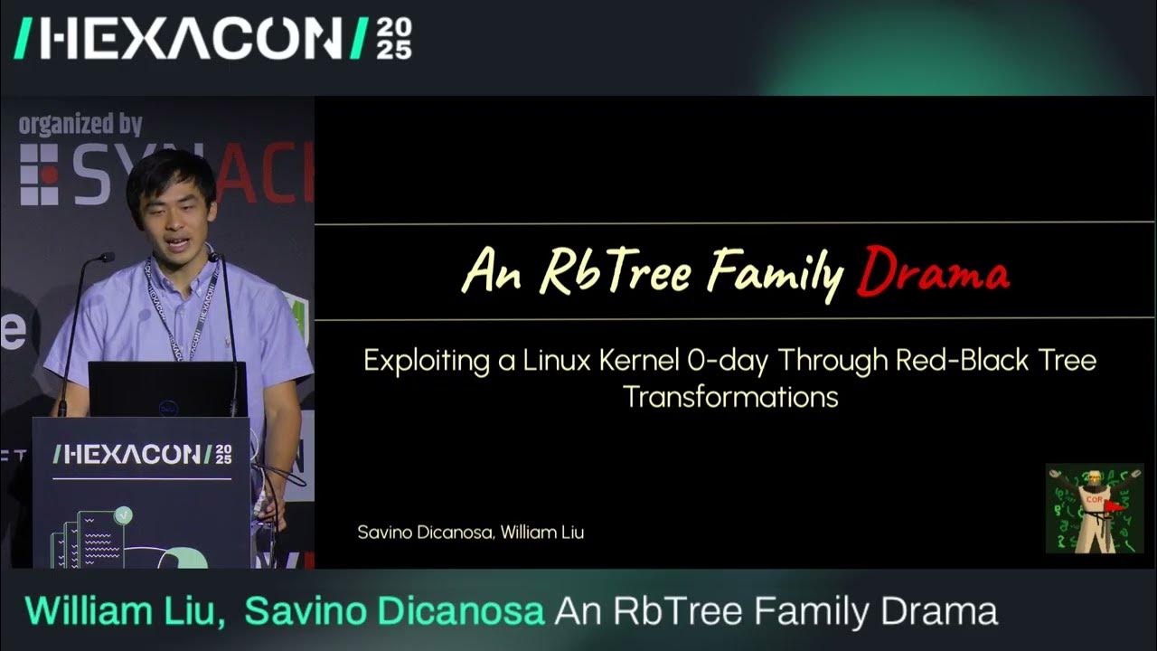 cor_ctf's tweet card. HEXACON 2025 - An RbTree Family Drama by William Liu & Savino Dicanosa
