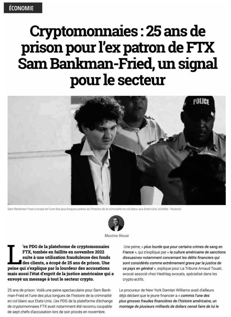 Hashtag_Avocats's tweet card. 🚨 La récente condamnation de Sam Bankman-Fried, fondateur de la plateforme d'échange de cryptomonnaies FTX, à 25 ans de prison, marque un tournant crucial pour l'industrie des cryptomonnaies. Accusé...