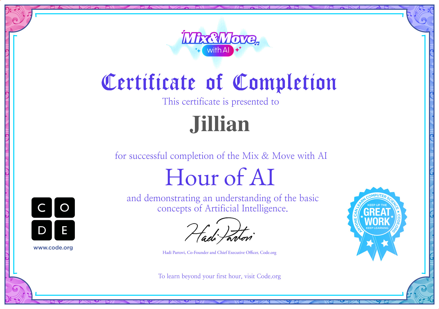 techylibrarian1's tweet card. Certificate for completion of Mix & Move with AI