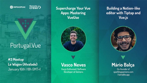 vuejs_pt's tweet card. The next Portugal.Vue Meetup is happening on January 16th at 18h30 (GMT+1) at Le Wagon (Alvalade), and you’re invited! It’s a great opportunity to meet other Vue.js enthus