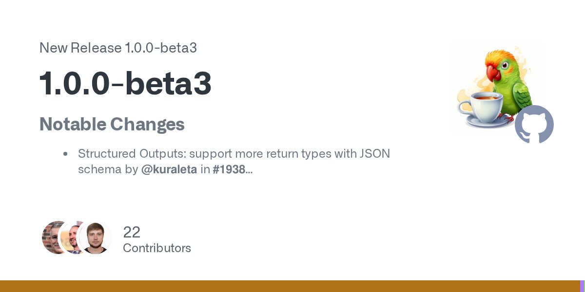 langchain4j's tweet card. Notable Changes Structured Outputs: support more return types with JSON schema by @kuraleta in #1938 Amazon Bedrock: support for streaming and listeners/observability by @tenpigs267 in #2620 Mistr...