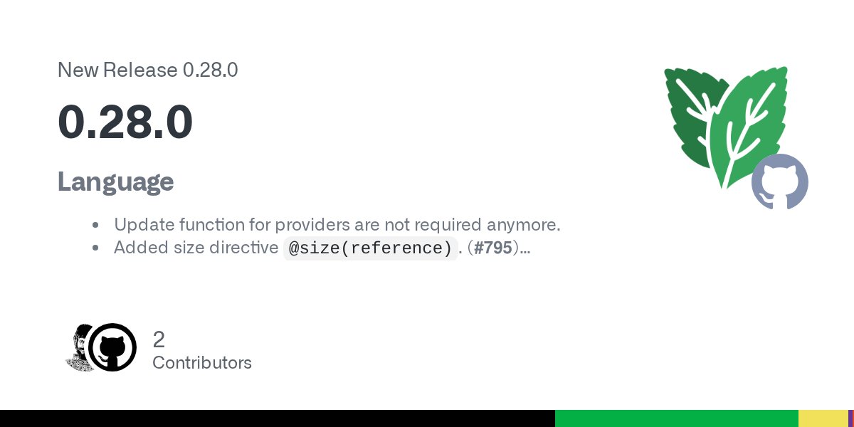 mint_lang's tweet card. Language Update function for providers are not required anymore. Added size directive @size(reference). (#795) Add default value for types unsed as context. (#795) Properly parse the target of a r...