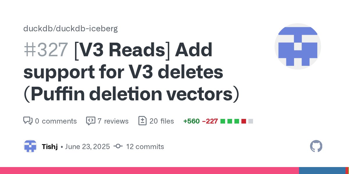 mim_djo's tweet card. This PR implements #203 Summary of changes We add the roaring vcpkg dependency, for the Roaring bitmaps stored in the deletion vectors. Some restructuring of existing delete code, since we now have...