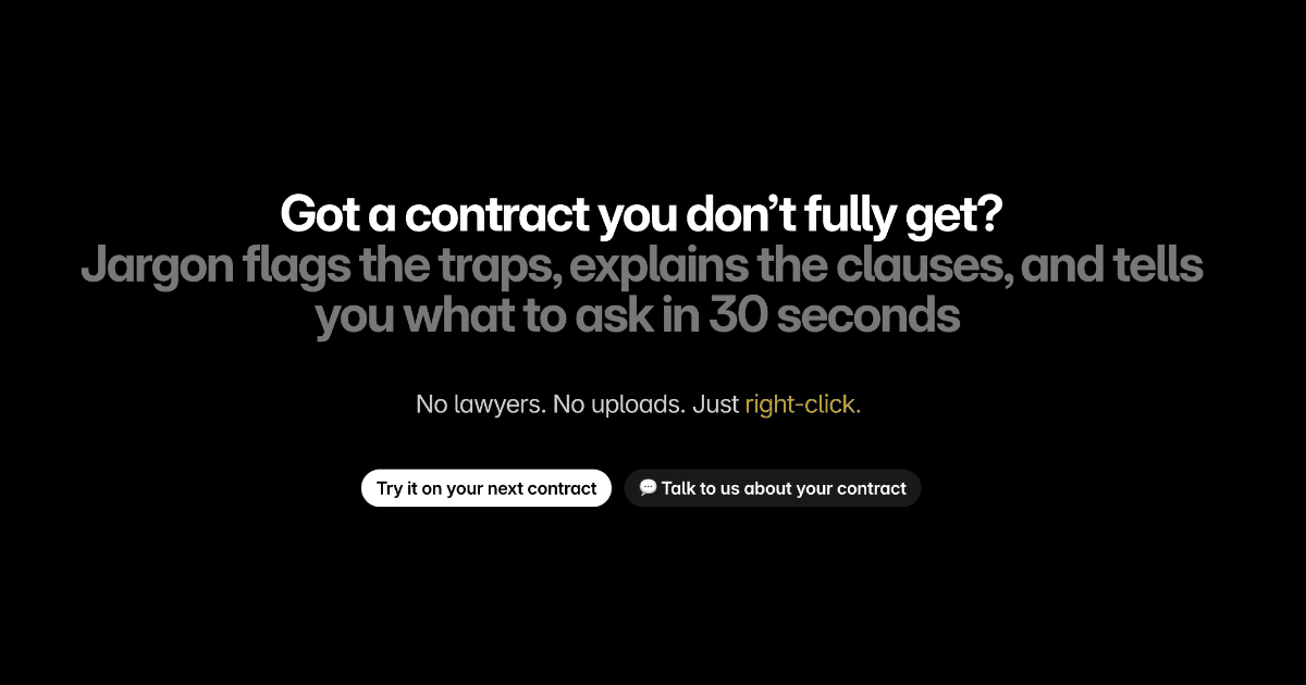 romloupias's tweet card. Bold, minimal landing page for Jargon Chrome extension. Instantly understand contract clauses. YC-style, confident, and conversion-focused.