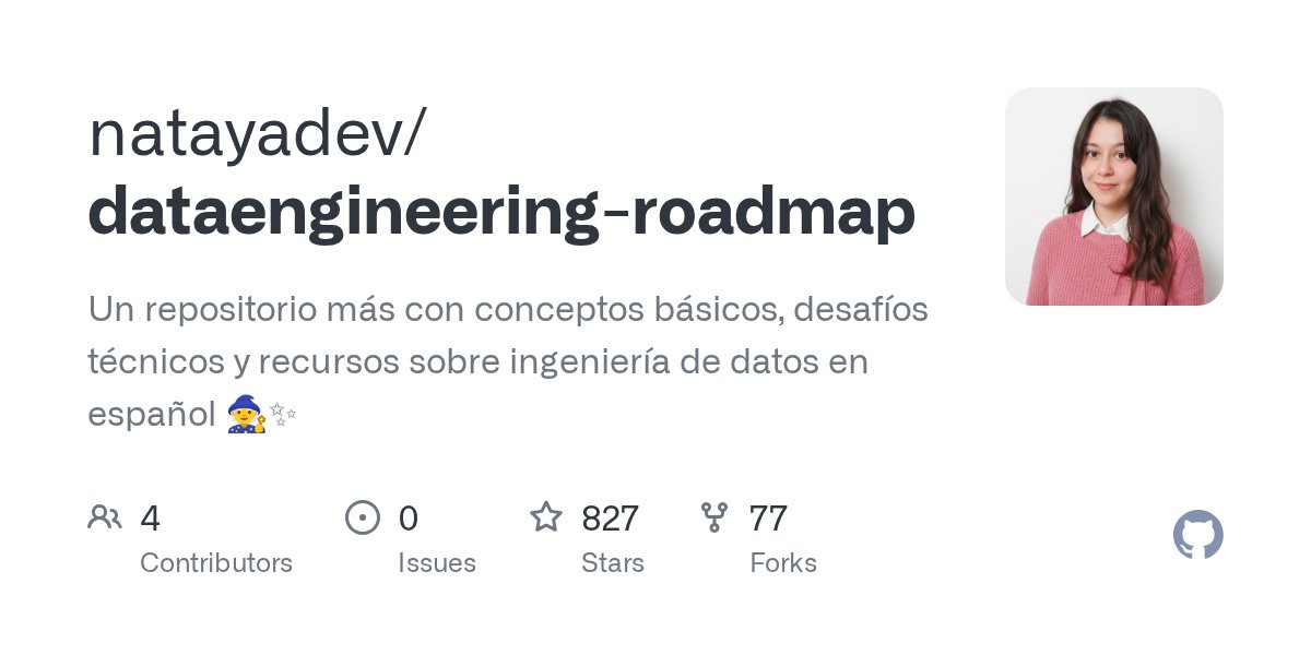 MackCarmona1's tweet card. Un repositorio más con conceptos básicos, desafíos técnicos y recursos sobre ingeniería de datos en español 🧙✨ - natayadev/dataengineering-roadmap