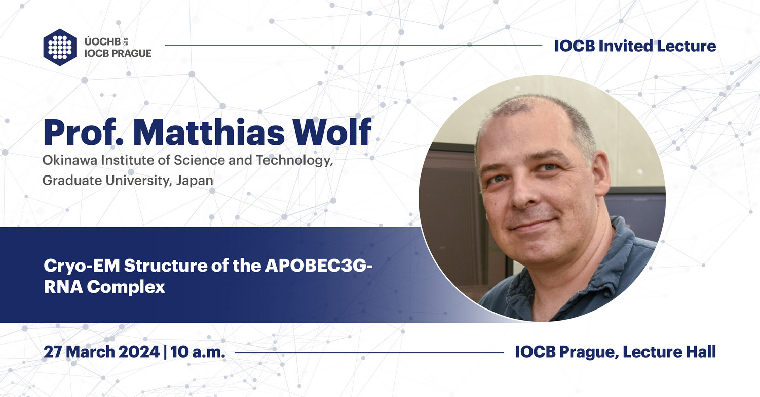 IOCBPrague's tweet card. Prof. Matthias Wolf (Okinawa Institute of Science and Technology, Graduate University, Okinawa, Japan) Lecture: Cryo-EM Structure of the APOBEC3G-RNA Complex