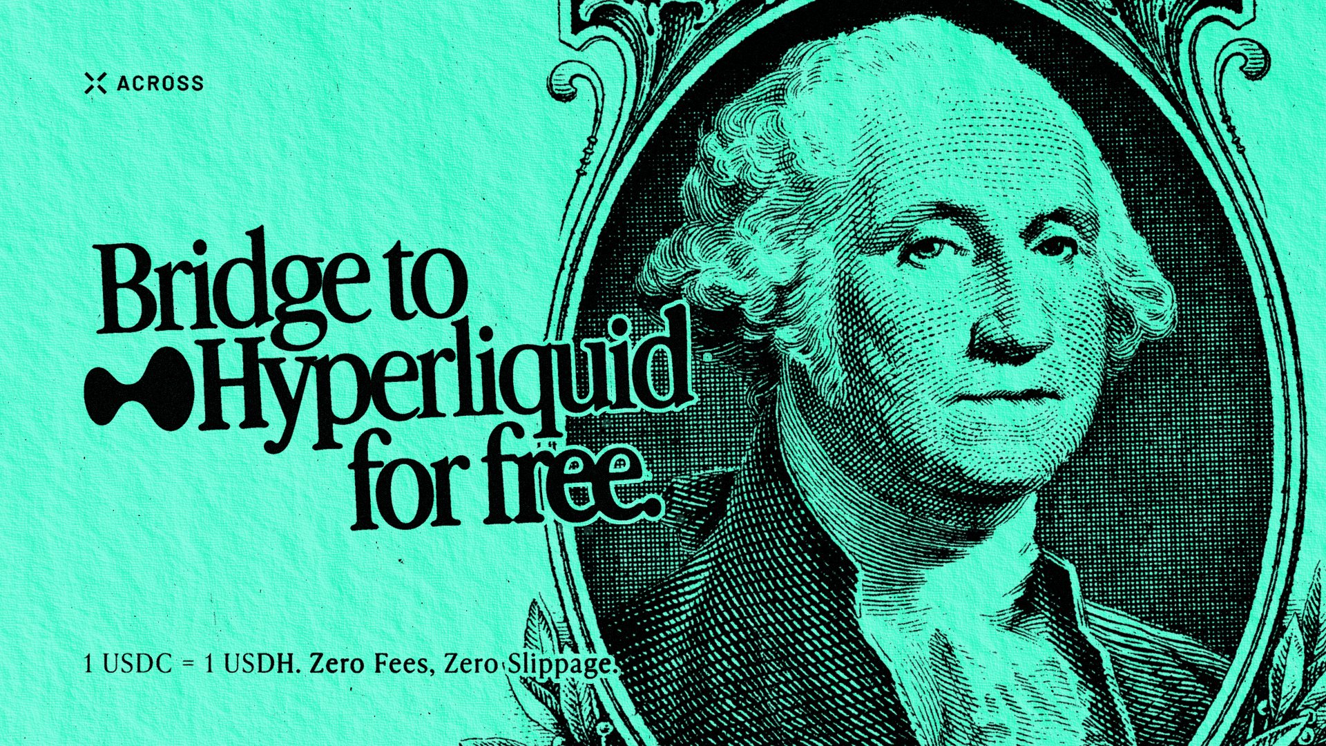 AcrossProtocol's tweet card. Bridge USDC from any chain into USDH on Hyperliquid for free. Zero fees, zero slippage, and instant 1:1 execution.