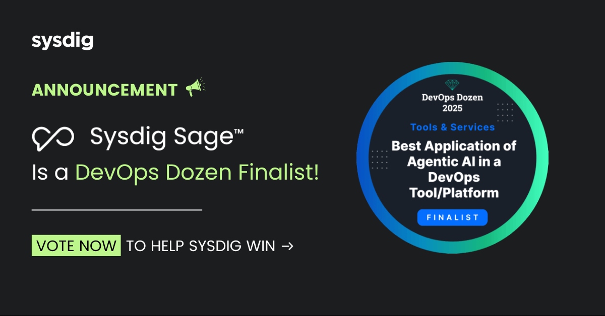 sysdig's tweet card. Vote for Sysdig in the DevOps Dozen 2025 awards