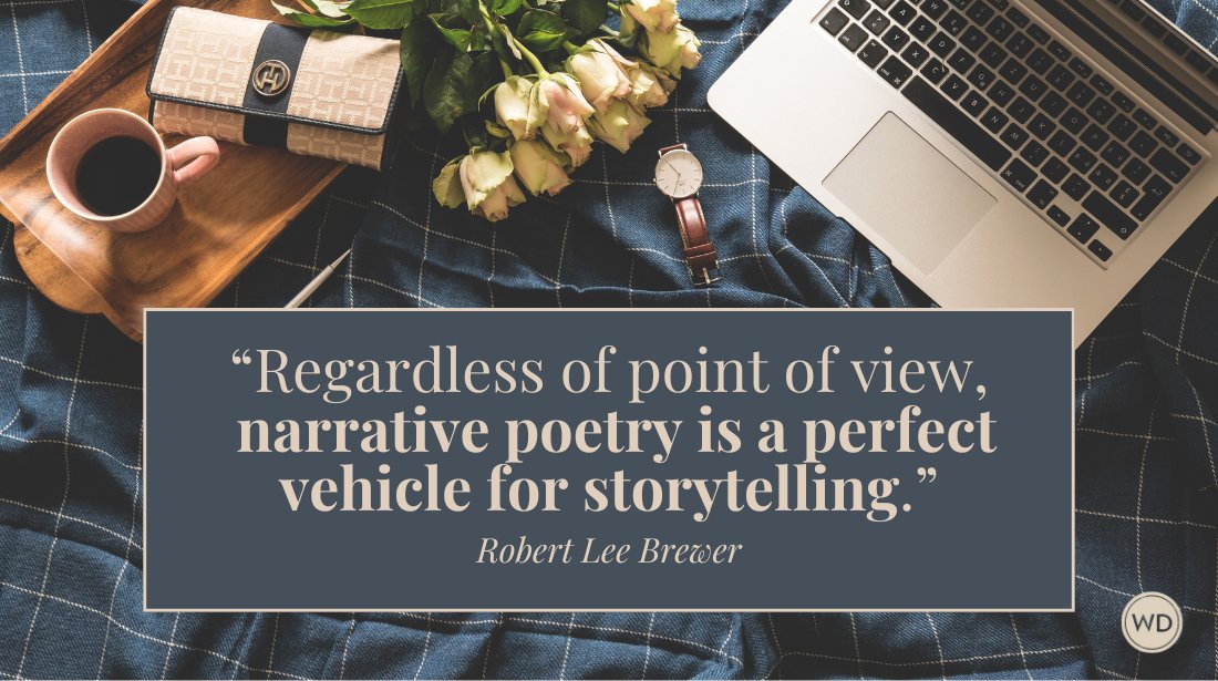 WritersDigest's tweet card. Find four storytelling elements you can use in your own poems.