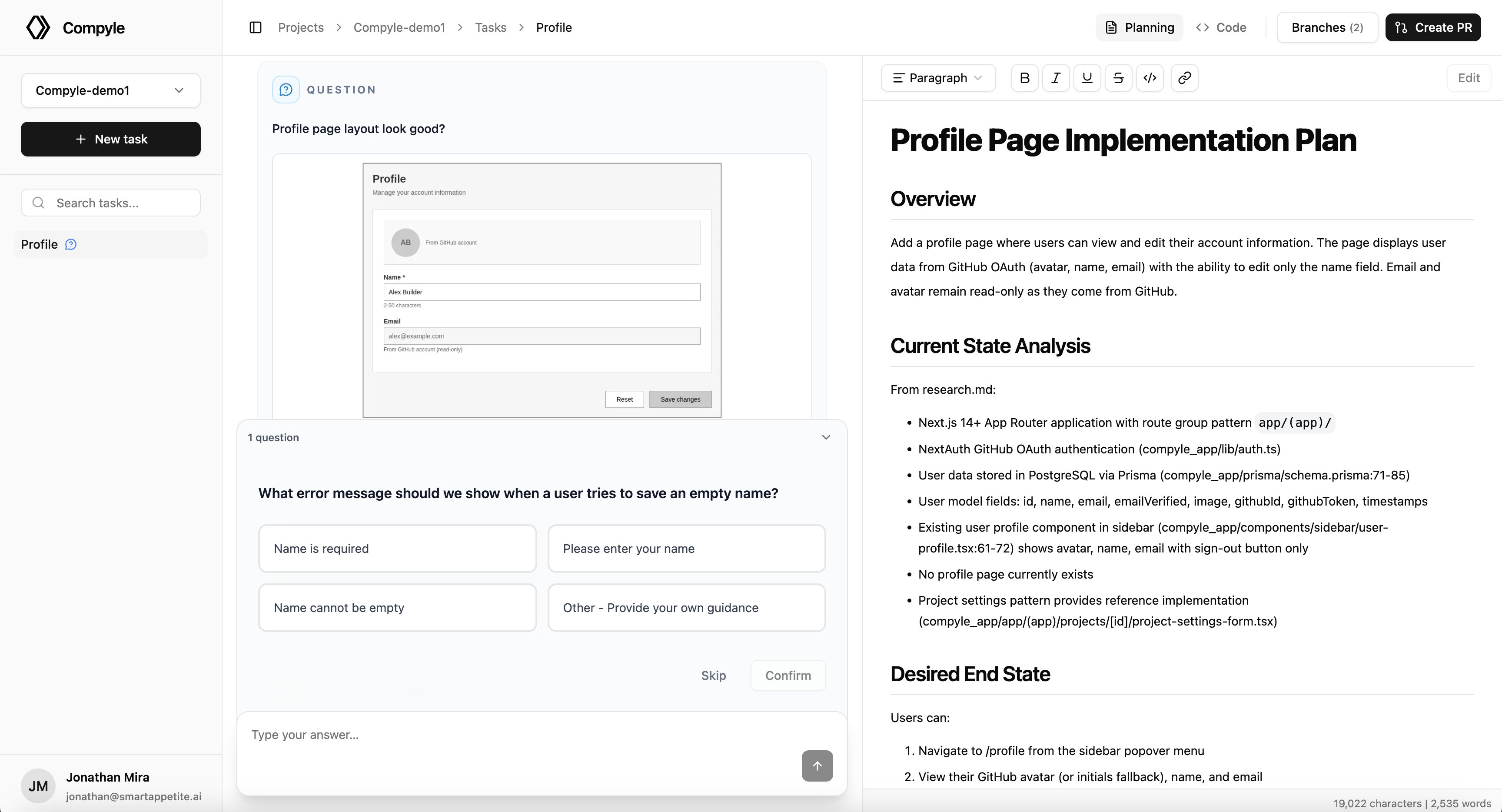 Drewfx01's tweet card. Stop wasting time on 20-minute builds that do the wrong thing. Compyle keeps you in the driver's seat—planning together first, then asking when anything's unclear.