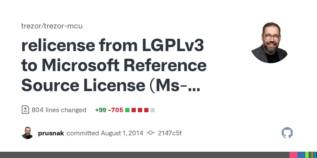codinginmysleep's tweet card. relicense from LGPLv3 to Microsoft Reference Source License (Ms-RSL) · trezor/trezor-mcu@2147c5f