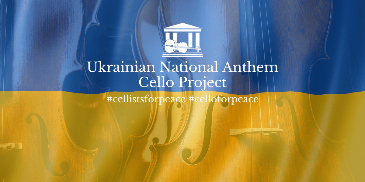 Londoncellos's tweet card. 146 cellists from around the world came together virtually to show moral support for Ukraine by playing the Ukrainian National Anthem.