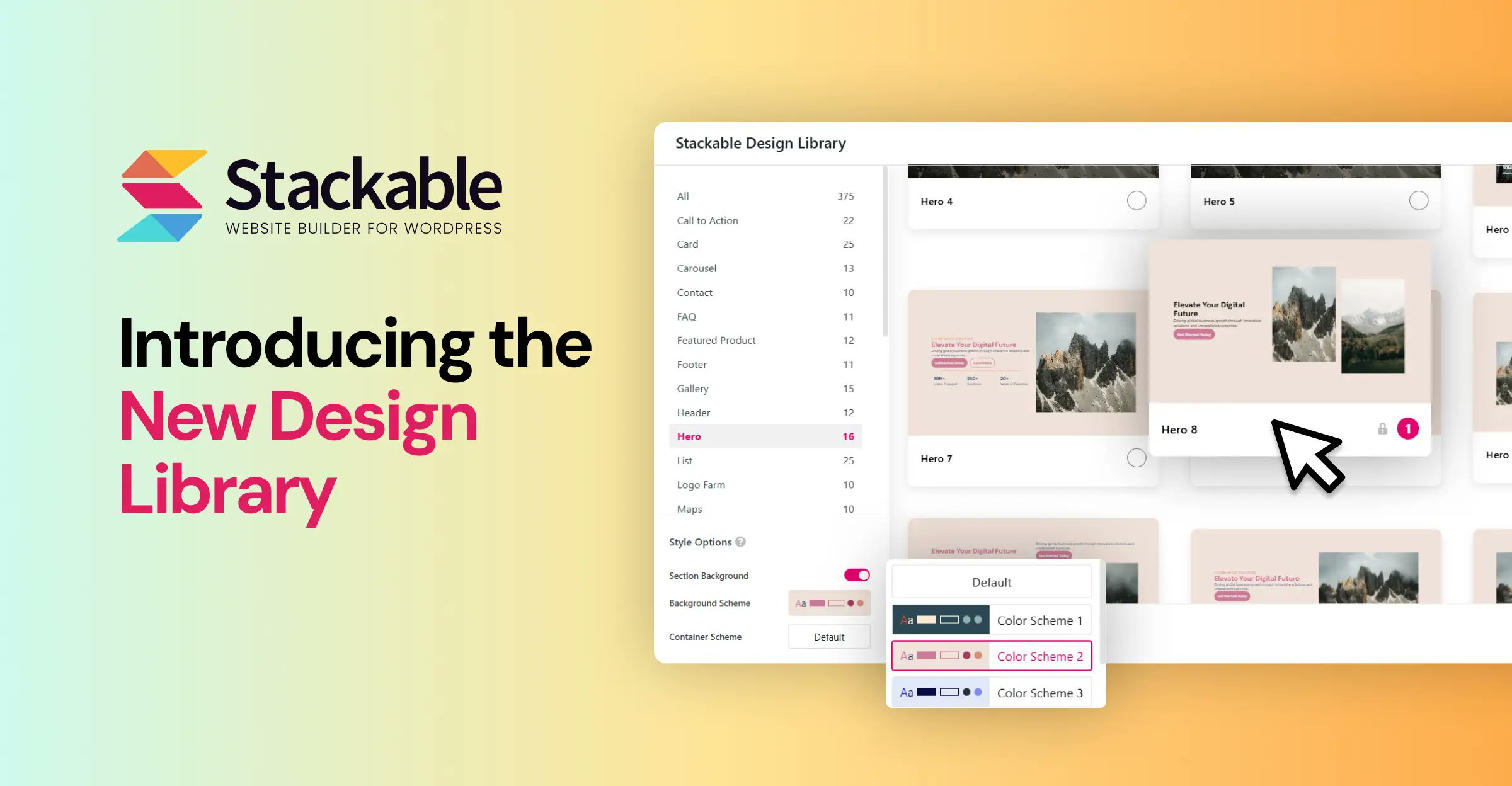 wpstackable's tweet card. Continuing our focus on efficiency, we're excited to announce our completely new Design Library! We have replaced all designs with nearly 400 very usable layouts as well as added some styling options...