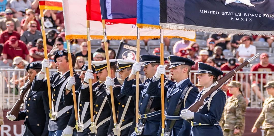 FSView's tweet card. Honoring the military at FSU is a months-long effort. See how athletics, ROTC and veterans coordinate the powerful game-day appreciation.