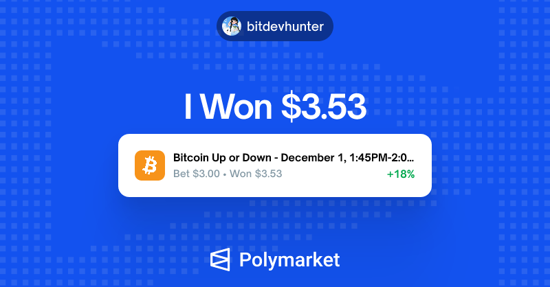 bitdevhunter's tweet card. Check out my winning bets on Polymarket - I just redeemed $3.53 from 1 market.