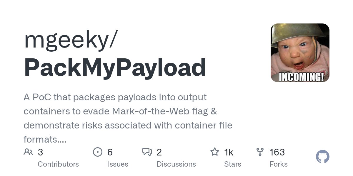 pentest_swissky's tweet card. A PoC that packages payloads into output containers to evade Mark-of-the-Web flag & demonstrate risks associated with container file formats. Supports: ZIP, 7zip, PDF, ISO, IMG, CAB, VHD, V...
