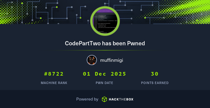 evanhendra_'s tweet card. I have just owned machine CodePartTwo from Hack The Box