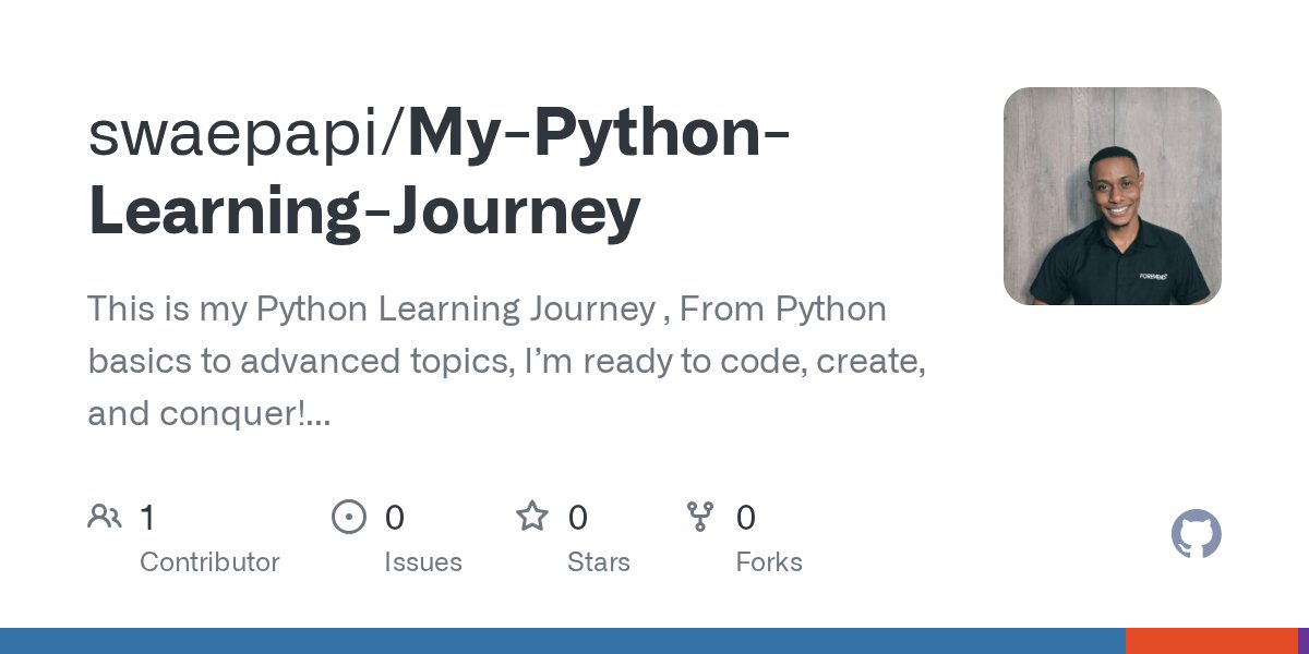 Fidelpapii's tweet card. This is my Python Learning Journey , From Python basics to advanced topics, I’m ready to code, create, and conquer! Follow along if you’re interested in learning Python, coding insights, or just wa...