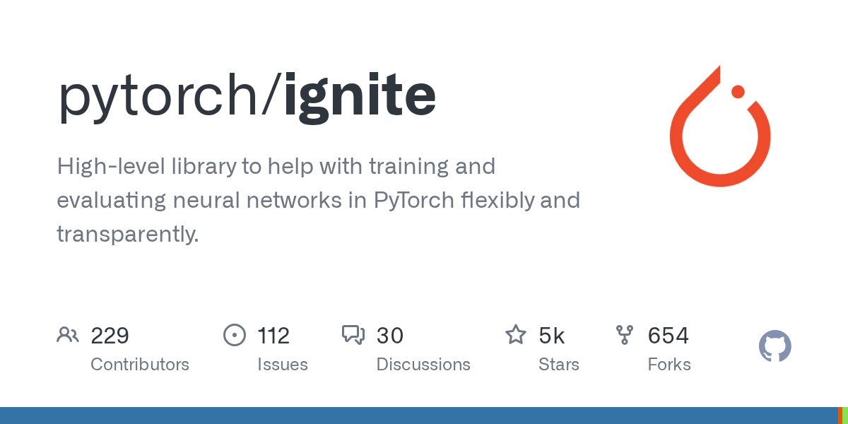 pytorch_ignite's tweet card. High-level library to help with training and evaluating neural networks in PyTorch flexibly and transparently. - pytorch/ignite