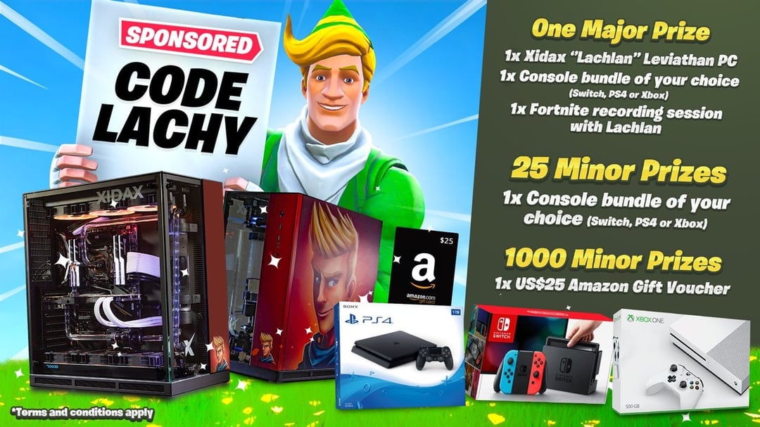 Techkid720's tweet card. Enter by completing the entries below for your chance to win. One Major Prize of: 1 x Xidax "Lachlan" Leviathan PC; 1 x Console bundle of your choice (Switch, PS4 or Xbox); and 1 x Fortnite recording...