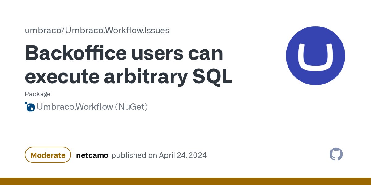umbracoproject's tweet card. ### Impact Backoffice users can execute arbitrary SQL. ### Explanation of the vulnerability A Backoffice user can modify requests to a particular API endpoint to include SQL which will be ex...