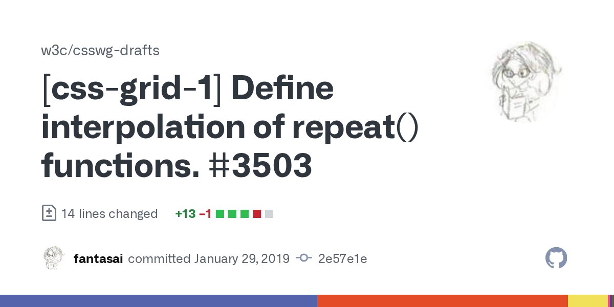 CSScommits's tweet card. [css-grid-1] Define interpolation of repeat() functions. #3503 · w3c/csswg-drafts@2e57e1e