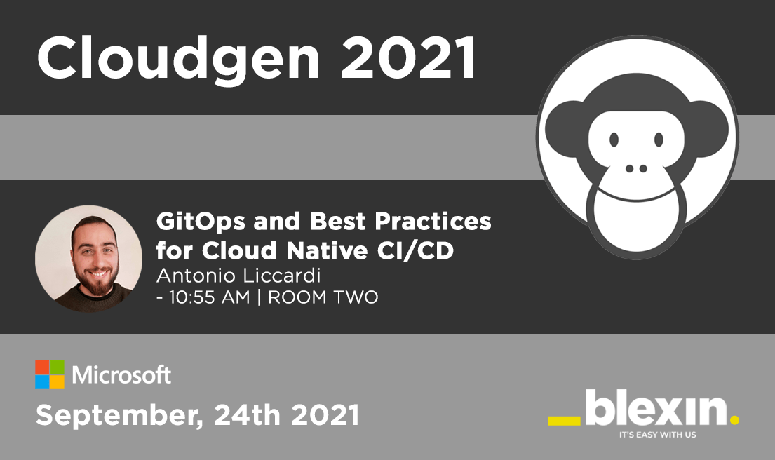 BlexinSrl's tweet card. Let's discover with our CTO how to simplify your cloud applications' deployment with GitOps at the Cloudgen2021