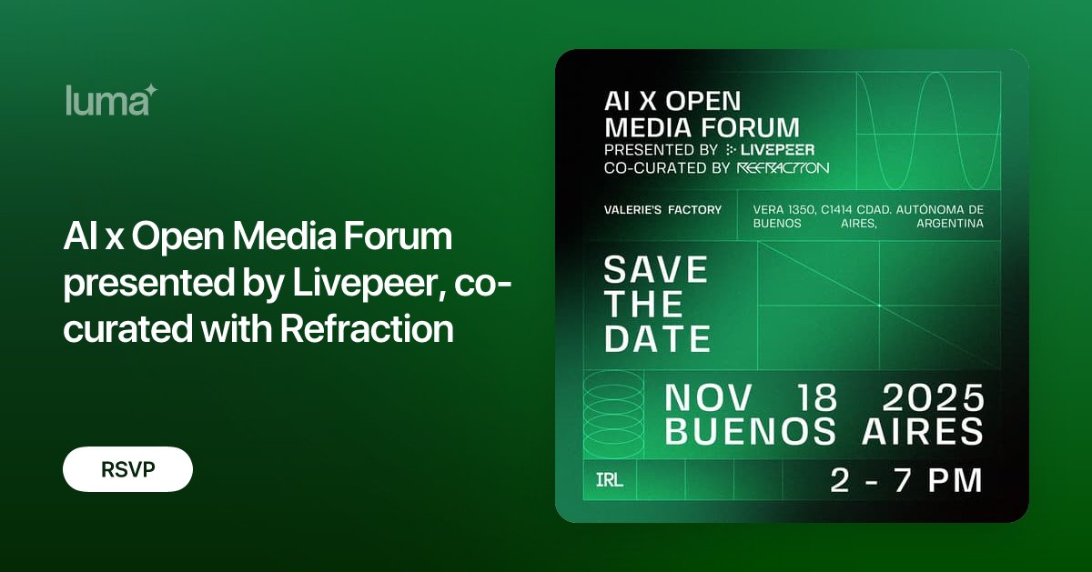 refraction_irl's tweet card. Media is shifting. That’s why Livepeer and Refraction are hosting the AI x Open Media Forum to build the media we deserve: open, censorship-resistant and made…