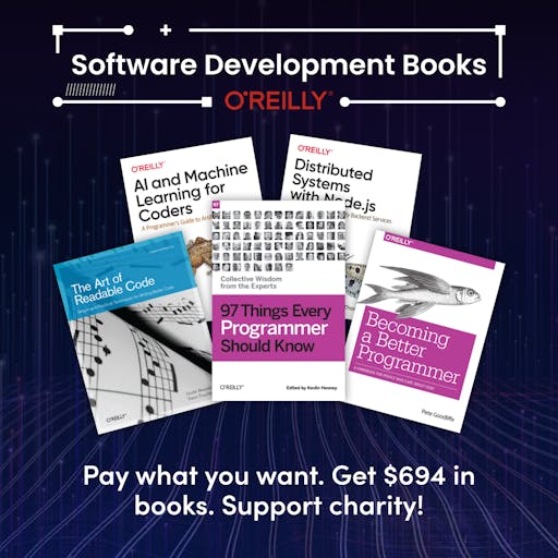 DistributedNode's tweet card. We’ve teamed up with O’Reilly Media for our newest bundle. Get books like Becoming a Better Programmer. Plus, pay what you want & support charity!