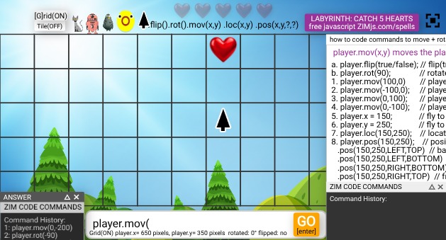 karel_rosseel's tweet card. LABYRINTH of tiles, go to the position of the heart and catch 5 times then you win the game and you can start again. all code on zimjs.com/spells or zimjs.com/docs but now you learn .rot() rotate,...
