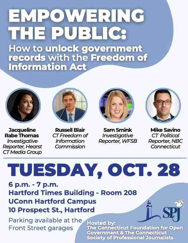 ctfog's tweet card. Hartford-area residents can learn how to access public meetings and public records at a free panel discussion on Tuesday, Oct. 28 from 6 p.m. to 7 p.m. at the UConn Hartford campus at 10 Prospect S…