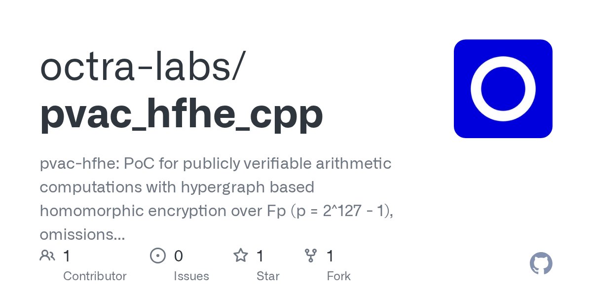 lambda0xE's tweet card. pvac-hfhe: PoC for publicly verifiable arithmetic computations with hypergraph based homomorphic encryption over Fp (p = 2^127 - 1), omissions for large numbers and excluded the transfer mechanism ...