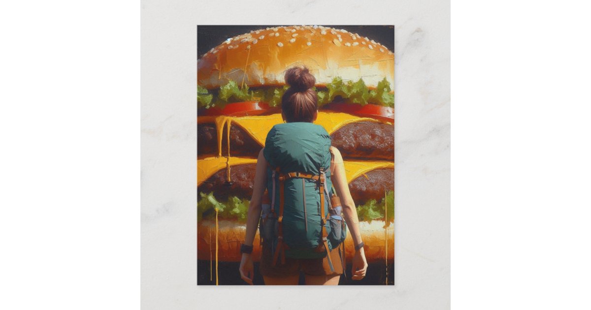 angelandspot's tweet card. A surreal hiker with a giant surreal cheeseburger in front of her on the trail like a mirage because she has been hiking for days and hundreds of miles and all she can think about now is taking a day...