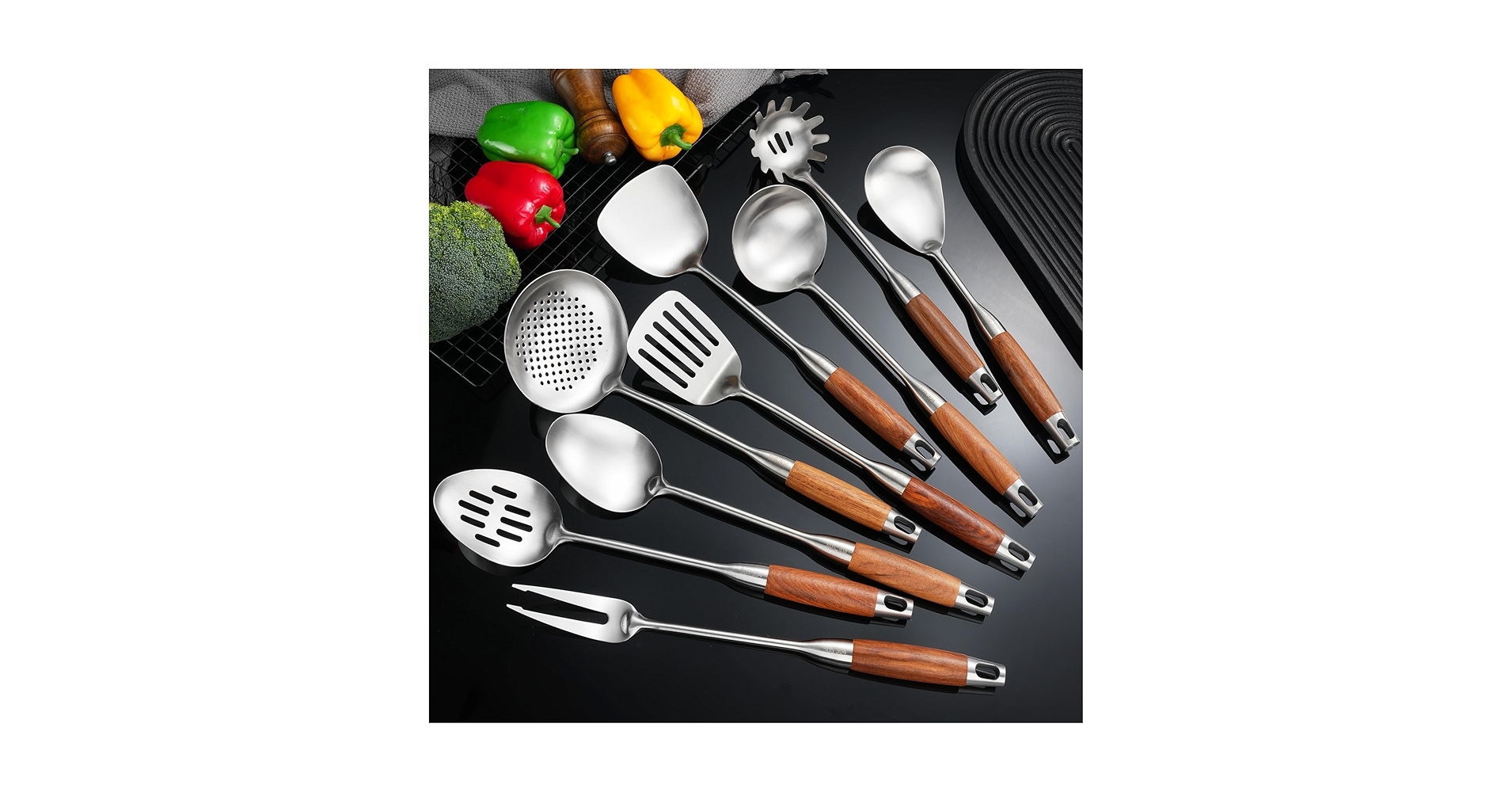 enginlika's tweet card. NIITAWH Stainless Steel Kitchen Utensils Set with Wooden Handle for Cooking 9 PCS with Solid and Slotted Spoon, Fork, Spatula, Ladle, Skimmer, Slotted Tunner, Spaghetti and Large Spoon