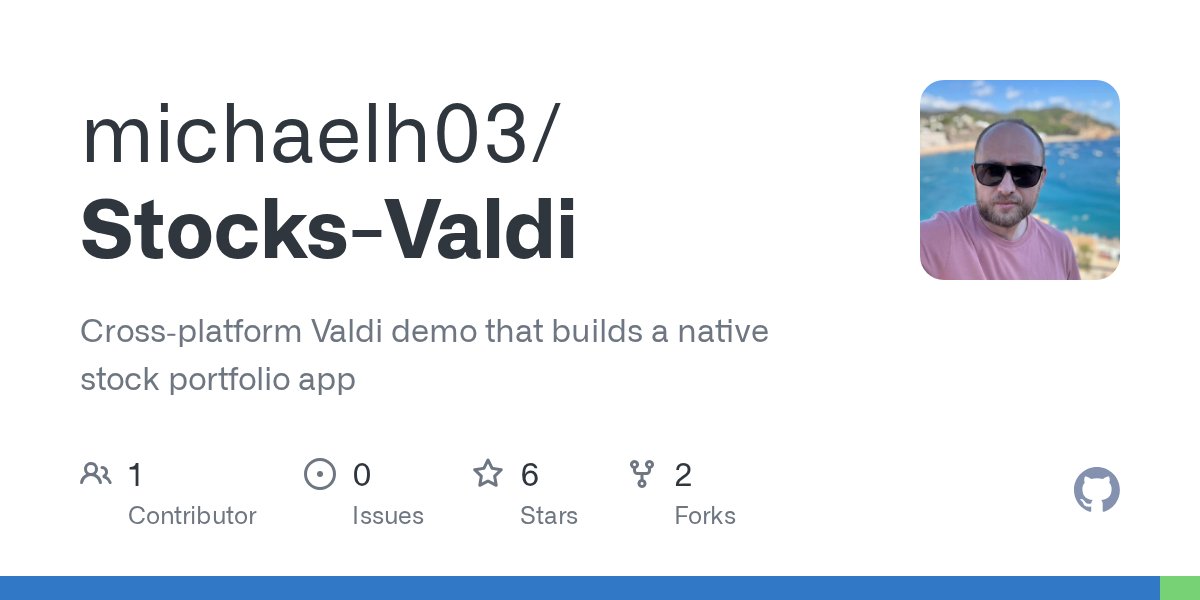 michaelh03x's tweet card. Cross‑platform Valdi demo that builds a native stock portfolio app - GitHub - michaelh03/Stocks-Valdi: Cross‑platform Valdi demo that builds a native stock portfolio app