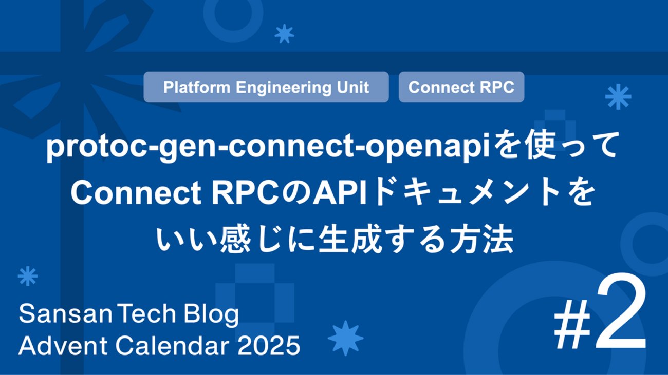 mohritaroh's tweet card. この記事はSansan Advent Calendar 2025 - Adventarの2日目の記事です🎄 はじめに 背景 APIドキュメントに求めるもの ProtobufスキーマをOpenAPIスキーマに変換するというアプローチ protoc-gen-connect-openapi の紹介 protoc-gen-co…