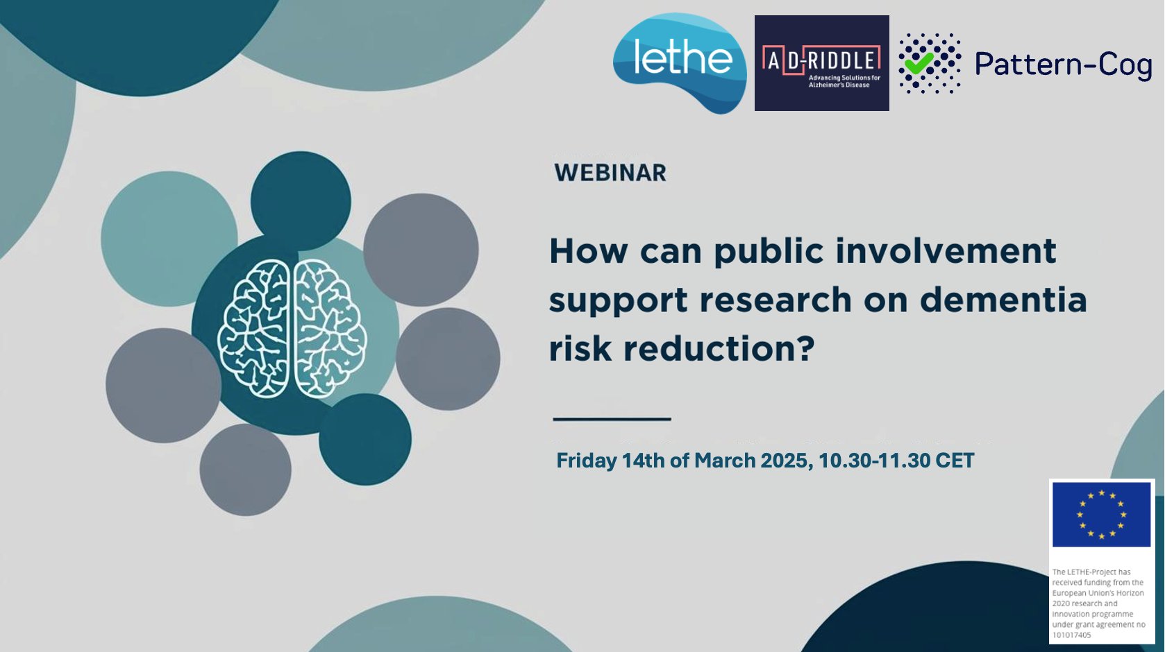 AlzheimerEurope's tweet card. The Lethe project team, in collaboration with AD-RIDDLE and Pattern-Cog, invites you to a webinar on "How