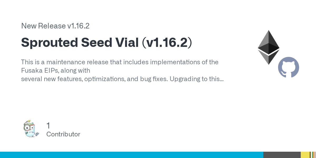 go_ethereum's tweet card. This is a maintenance release that includes implementations of the Fusaka EIPs, along with several new features, optimizations, and bug fixes. Upgrading to this version is optional, but feedback f...