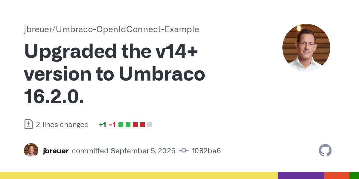 j_breuer's tweet card. Upgraded the v14+ version to Umbraco 16.2.0. · jbreuer/Umbraco-OpenIdConnect-Example@f082ba6