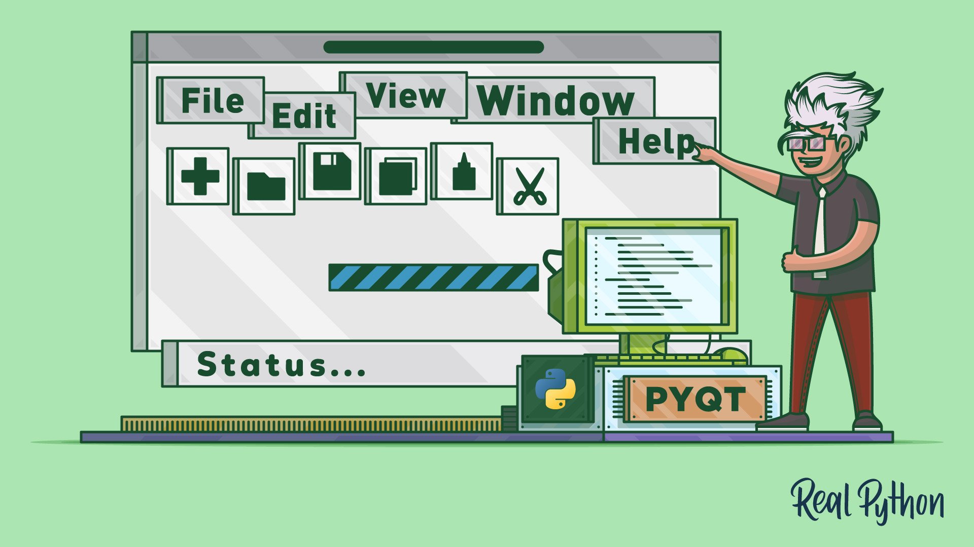 realpython's tweet card. Unlock the world of Python GUI programming! Begin with Tkinter basics, then advance to building games and handling databases with PyQt. Learn to prevent freezing GUIs, design with Qt Designer, and...