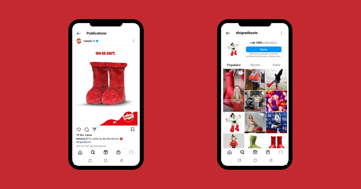 MathieuTetu's tweet card. Les bottes rouges XXL, de MSCHF font beaucoup parler d'elles. Rosbeef! y voit du potentiel et propose alors à Babybel de surfer dessus !