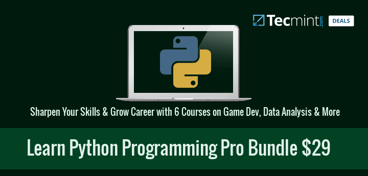 techguideug's tweet card. With our Python Programming Pro Bundle, you will access to almost 200+ lectures for just $29 from our TecMint Deals and save 84% off for a limited time.