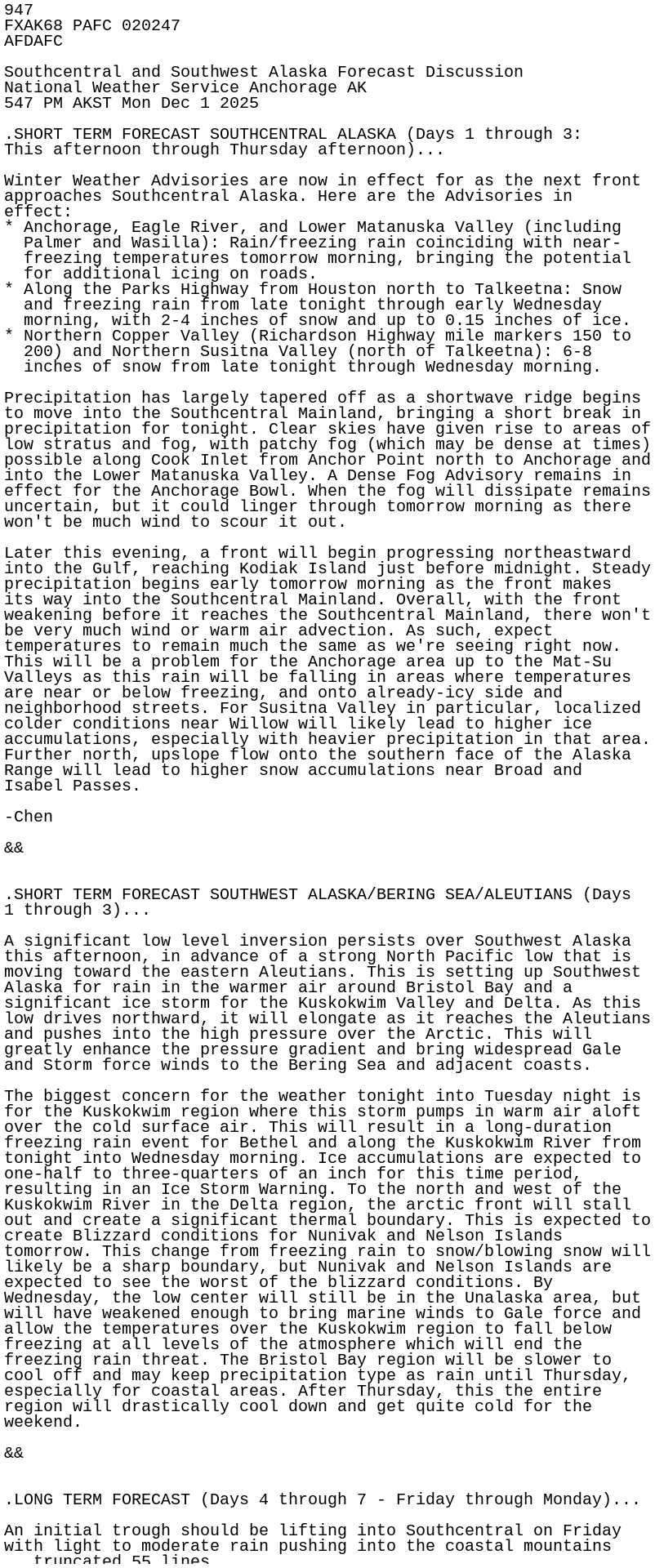 iembot_afc's tweet card. AFD issued by NWS AFC at 02 Dec 2025 02:47 UTC