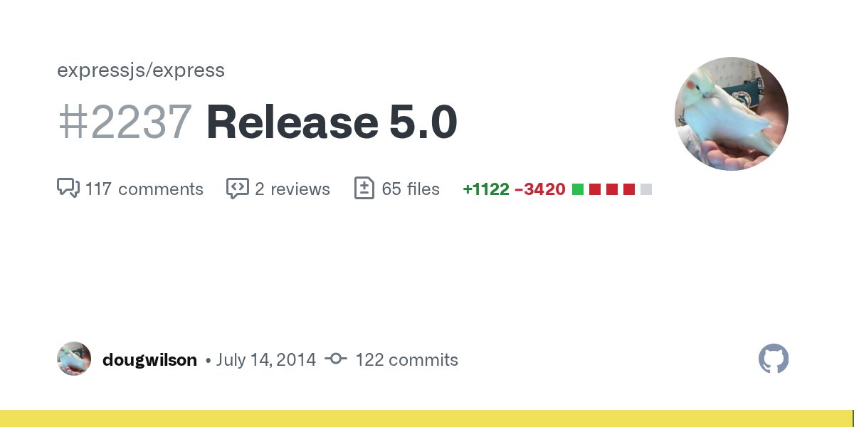 wesleytodd's tweet card. This is a tracking issue for release 5.0. 5.0.0-beta.1 published on npm I am trying to give better visibility for upcoming changes and so am trying out making a PR for a release here, pulling from ...