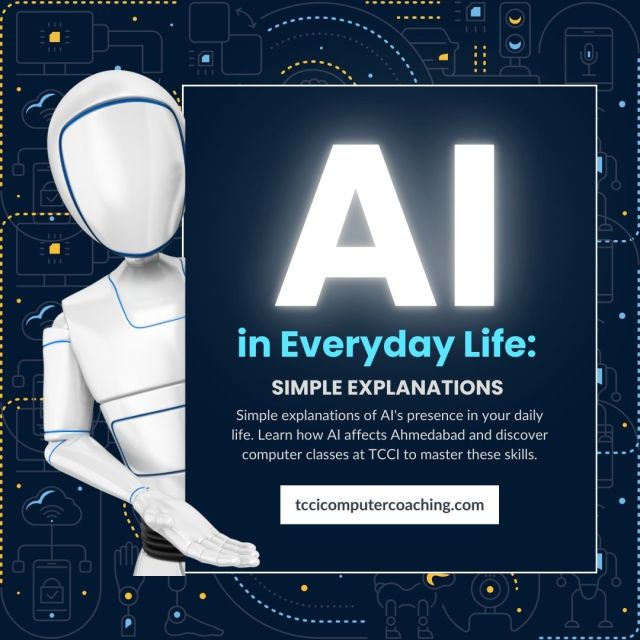 tccicomputer's tweet card. Simple explanations of AI’s presence in your daily life. Learn how AI affects Ahmedabad and discover computer classes at TCCI to master these skills.
