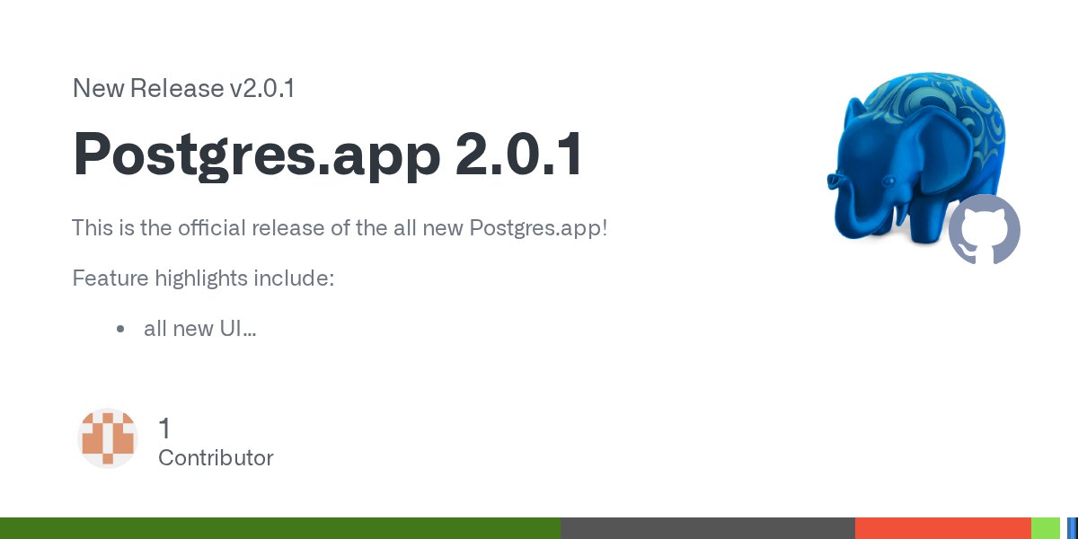 Postgresapp's tweet card. This is the official release of the all new Postgres.app! Feature highlights include: all new UI automatic updates run multiple servers simultaneously The following versions of PostgreSQL are inc...