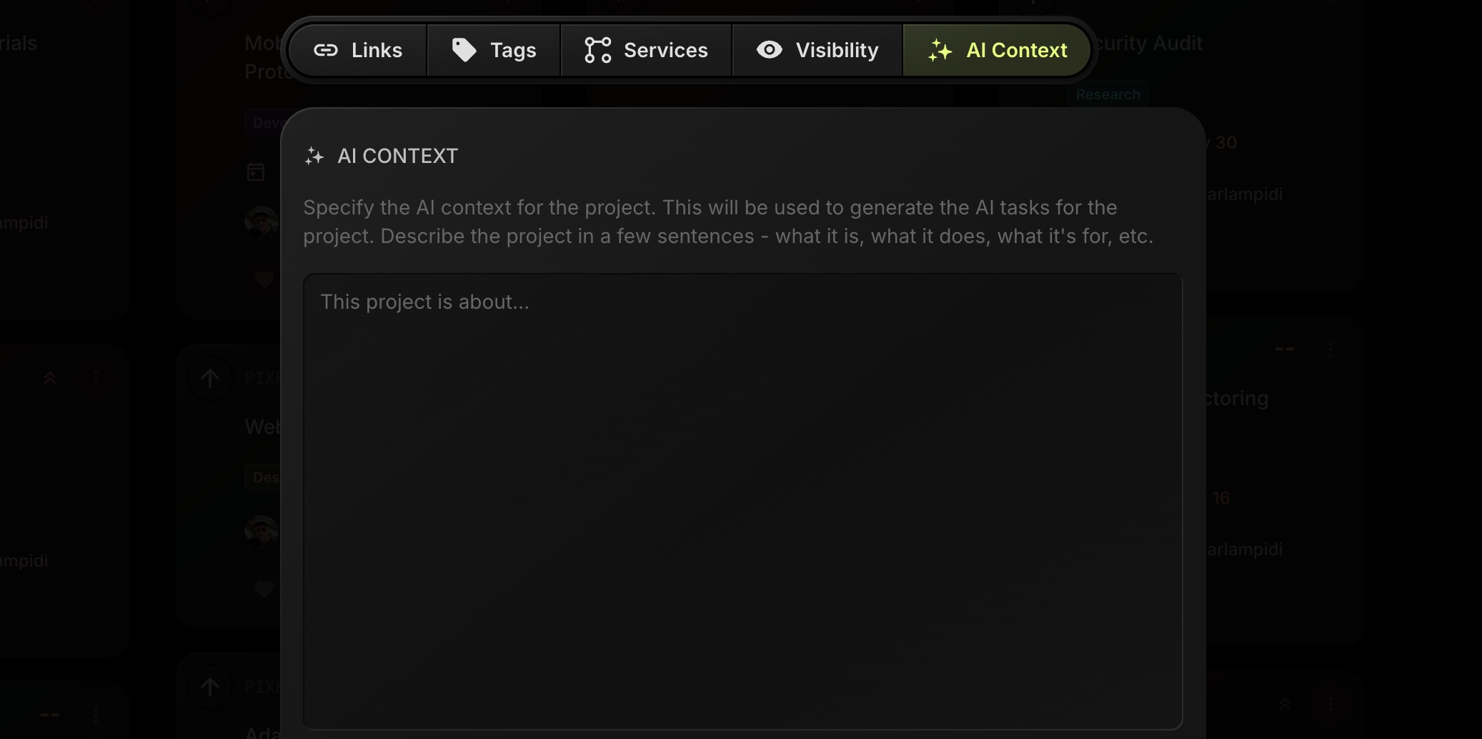t0ggles's tweet card. Project AI Context lets you describe each project so t0ggles AI Tasks can generate more accurate, detailed tasks tailored to your workflow.