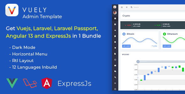 Stylelib_Themes's tweet card. “Vuely is a fully responsive admin template developed with Vuejs and VuetifyJs. In recent updates, we are now providing it with Laraval, Laraval Passport Authentications, Express js and Angular 13 ...