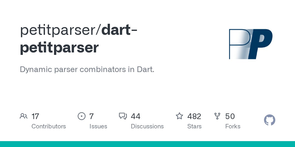 shiweidu's tweet card. Dynamic parser combinators in Dart. Contribute to petitparser/dart-petitparser development by creating an account on GitHub.